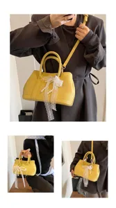 Gelbe Damen Handtasche aus Leder mit Perlen Schleife, schicke Umhängetasche Detailansicht.