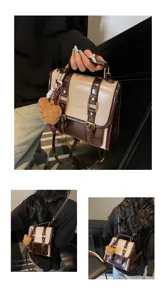 Chic piccolo zaino bicolore da donna, elegante stile college in pelle PU con ciondolo.