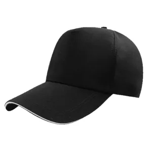 Gorra de béisbol negra de 5 paneles con ribete blanco, ideal para impresión personalizada.
