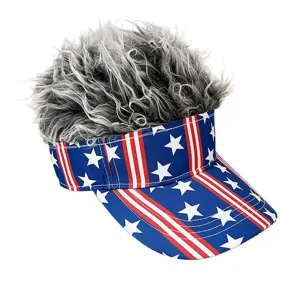 Closeup product detail showing the textured grey faux hair attached to the flag visor.