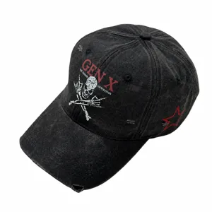 Casquette de baseball en coton lavé vintage avec motif de crâne, réglable 56-60cm pour tous.