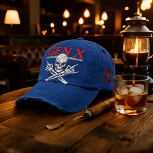 Vue détaillée de la casquette de baseball bleue délavée avec un bel imprimé crâne.
