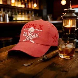 Casquette de baseball rouge vintage délavée avec motif de crâne et texte Gen X streetwear.