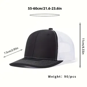 Black and white trucker hat with mesh back, adjustable head circumference 55-60cm for summer.