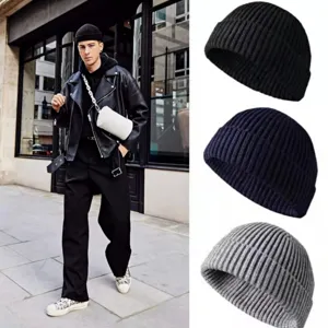 Men's knitted beanie dock cap winter warm streetwear melon hat solid color casual stylish.