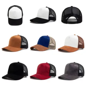Klassieke suède mesh trucker pet, 5-panel gebogen klep honkbalhoed, ademend verstelbaar.