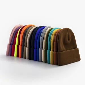Solid color knit beanie winter warm casual roll-up cap multiple color choices detail display.