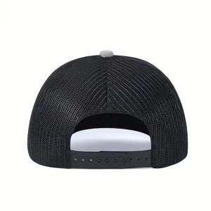 Back view detail of black mesh trucker baseball cap with adjustable snapback closure for outdoor.