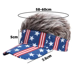 US flag sun visor cap with faux hair top, adjustable 58-60cm size, 7.5cm brim outdoor.