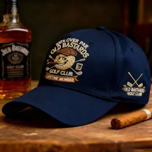 Vintage embroidered golf baseball cap with stylish club graphics for outdoor sun protection.