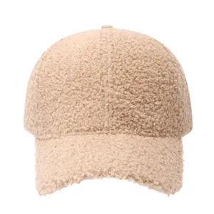 Close-up of the thick sherpa baseball cap texture, cozy fleece detail for winter warmth.