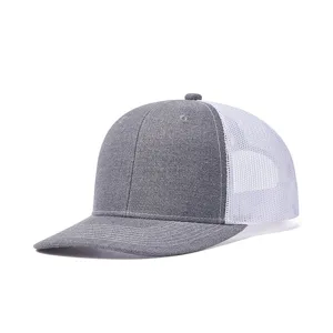 Grey and white trucker cap detail, breathable mesh back baseball hat for outdoor casual wear.