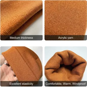 Solid color knit beanie cuffed winter warm acrylic hat detail view with soft stretch texture