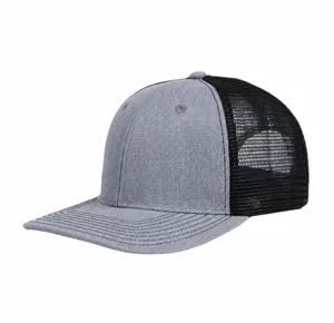 Close-up detail view of the dark grey front and black mesh trucker cap showcasing stitching.
