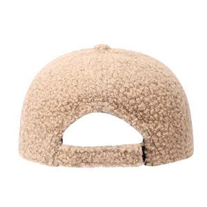 Detailed back view of beige shearling baseball cap, adjustable strap, warm winter accessory.