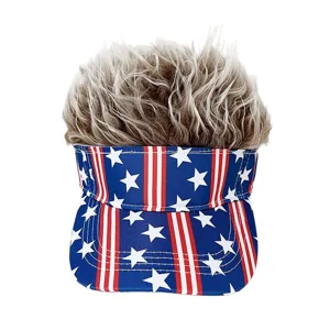 Details of novelty American flag hair visor hat with funny spiked blonde wig top design.
