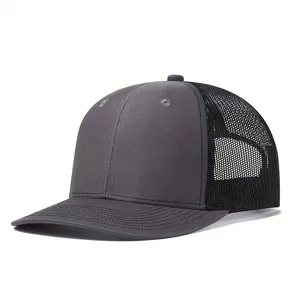 Grey and black mesh trucker baseball hat, slightly curved brim, outdoor casual sun protection cap.