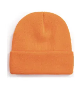 Close-up detail of the vibrant orange cuffed knit beanie, showing soft texture and fine stitches.