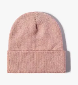 Plain pink knit beanie winter warm cap, soft textured casual daily wear hat detail