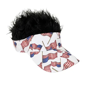 American flag visor cap with fake black hair funny novelty sun hat for party sports wear