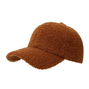 Brown teddy fleece baseball cap for autumn and winter, warm and stylish outdoor hat.