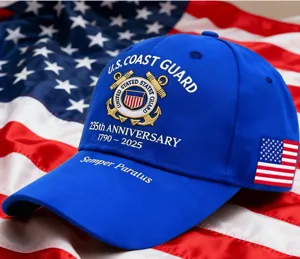 Detailed view of the blue US Coast Guard 235th anniversary embroidered baseball cap.
