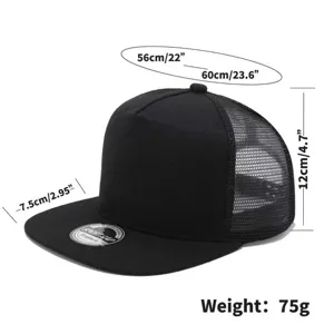 Black trucker hat snapback flat brim mesh baseball cap adjustable size 56-60cm breathable