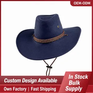 Detailed close-up view of the blue suede cowboy hat highlighting the woven rope band and strap.