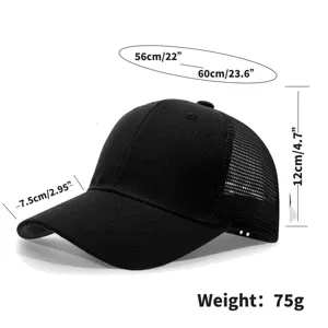 Gorra de béisbol de malla negra con paneles transpirables, ajustable, sombrero de verano.