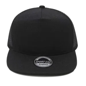 Black snapback trucker hat with flat brim and mesh back, unisex stylish hip hop cap.
