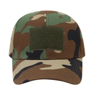 Camouflage tactical baseball cap with velcro patch for outdoor sports and sun protection.