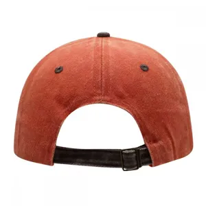 Retro washed baseball cap back detail, adjustable metal buckle strap, vintage style hat.