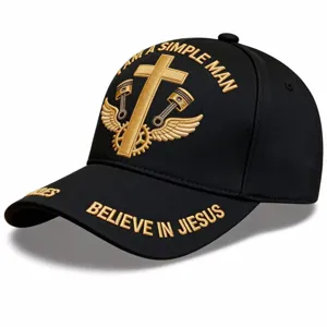 Casquette de baseball noire classique avec broderie 3D dorée et design de croix inspirant.