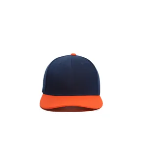 Blue orange six panel baseball cap detail view, casual outdoor sun protection hat style.