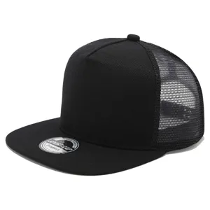 Black 5-panel flat brim trucker snapback hat, breathable mesh back, hip hop street style.