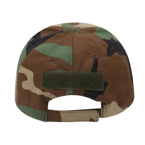 Camouflage tactical baseball cap detail view, adjustable strap for outdoor combat and sports.