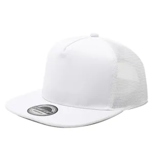 White 5-panel flat brim trucker baseball hat for custom embroidery and casual streetwear.