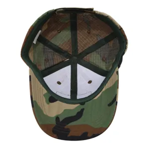 Inside view of camo tactical baseball cap, 100% cotton material, detailed interior stitching.
