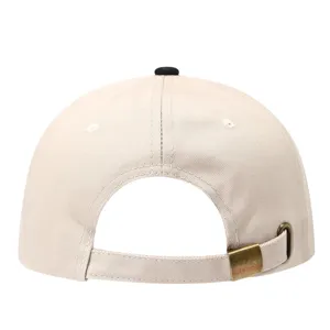 Back detail view of casual beige baseball cap with adjustable metal buckle and black top button.