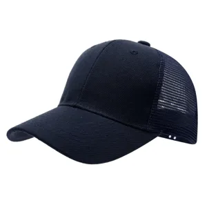 Kids navy blue mesh baseball cap close-up, breathable back panels, curved brim design.