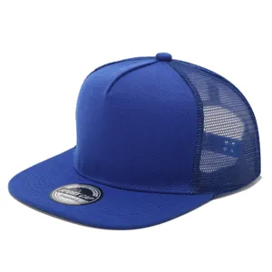 Blue 5-panel flat brim trucker mesh hat, stylish hip-hop snapback cap for daily wear.