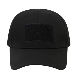 Black tactical baseball cap with front velcro panel for outdoor sports, hiking, and daily wear.