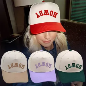 Five-panel color block trucker hat with custom embroidery, stylish casual cotton baseball cap for daily wear.