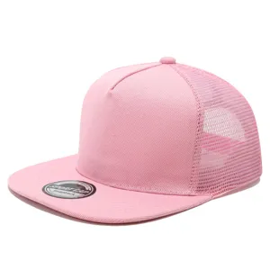 Pink 5-panel flat brim trucker hat detail showcasing breathable mesh back and structured cap front.