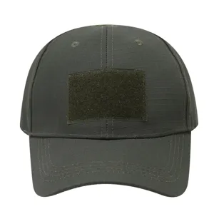 Tactical baseball cap detail showing the front velcro patch panel and reinforced stitching.
