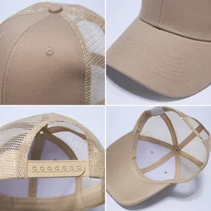 Vista detallada de gorra de béisbol de malla caqui de verano, sombrero snapback transpirable.