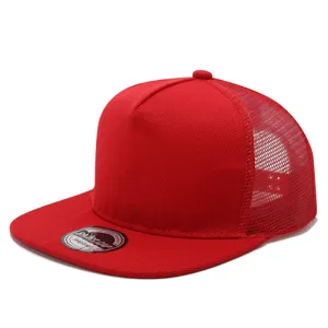 Detail view of red trucker snapback hat featuring breathable mesh back and flat brim.