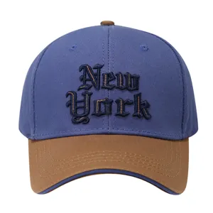 Detailed front view of a stylish blue and brown two-tone baseball cap with embroidery.