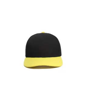Close-up detail of the black and yellow two-tone six-panel baseball cap design.