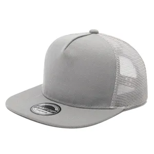 Grey 5-panel flat brim trucker hat detail showing breathable mesh back and solid front.